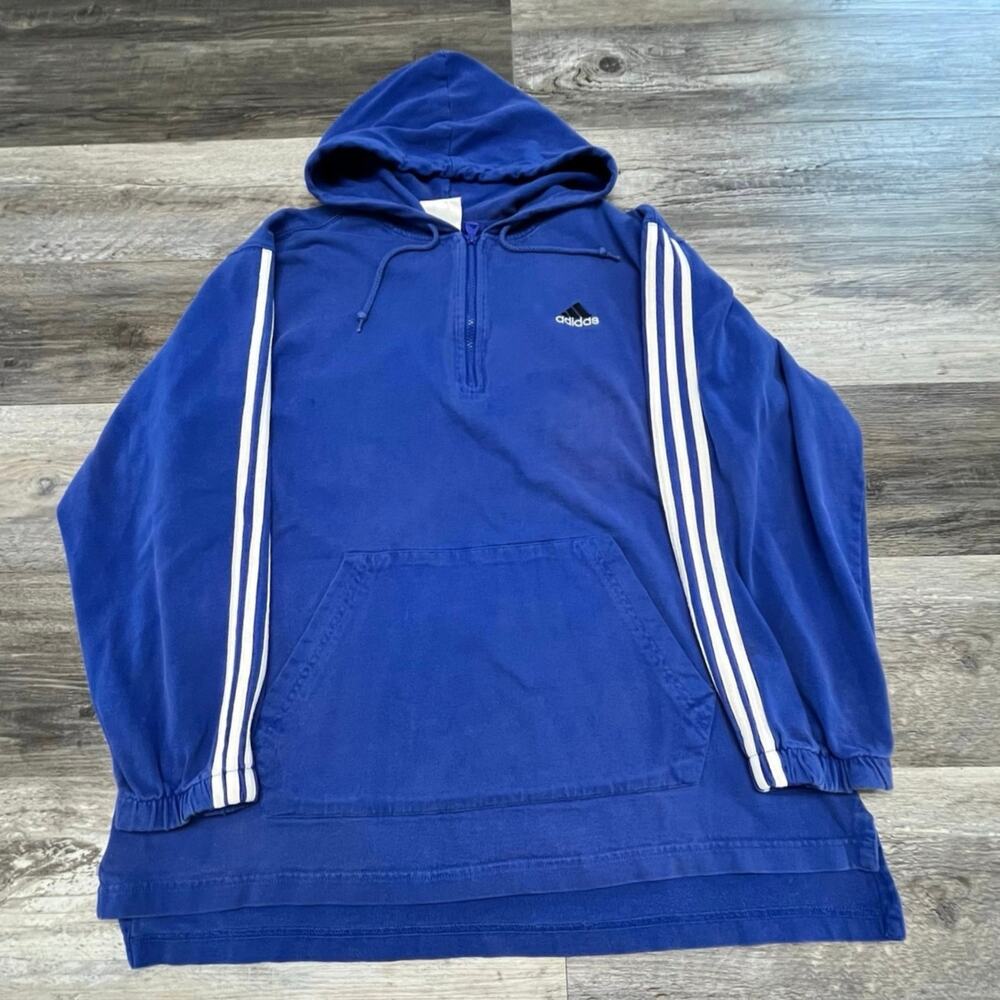 Vintage 90s Adidas Blue White 3-Stripes Mens M 1/4 Zip Baggy Pullover Hoodie